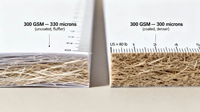 Side-by-side comparison of two 300 GSM paper stocks, showing different thicknesses due to coating and density.