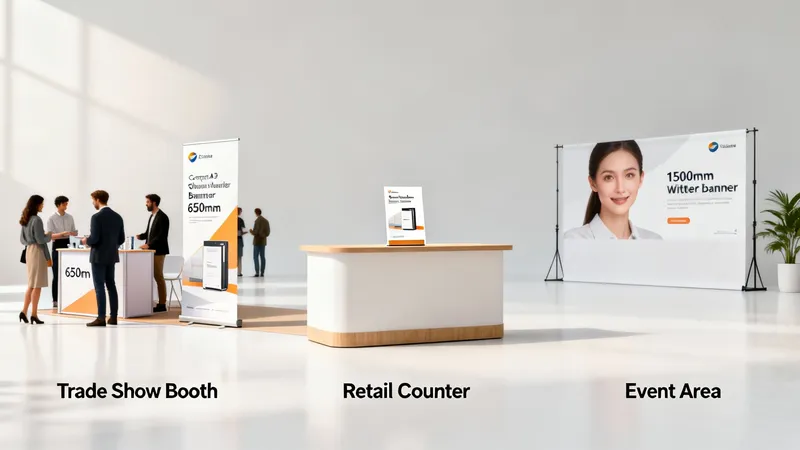 A bright indoor space featuring a trade show booth, a retail counter, and an event area with various banners and people.
