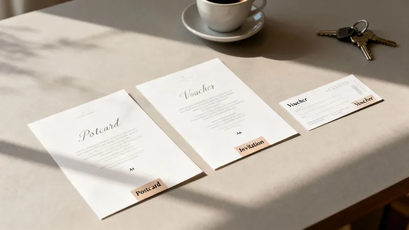 Three A6-sized white paper items: a postcard, voucher, and ticket, on a table with a coffee cup and keys.
