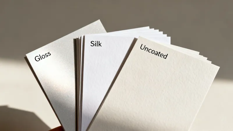 Three stacks of paper showing Gloss, Silk, and Uncoated finishes under sunlight.