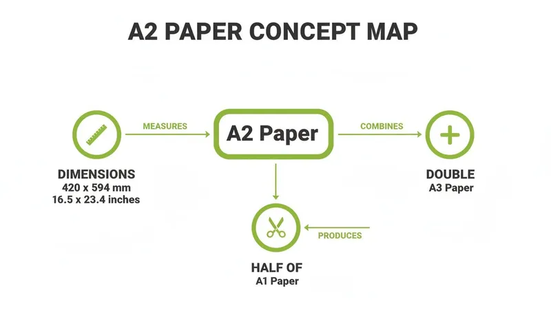 Concept map showing A2 paper dimensions (420x594mm) and its relation to A1 and A3 sizes.