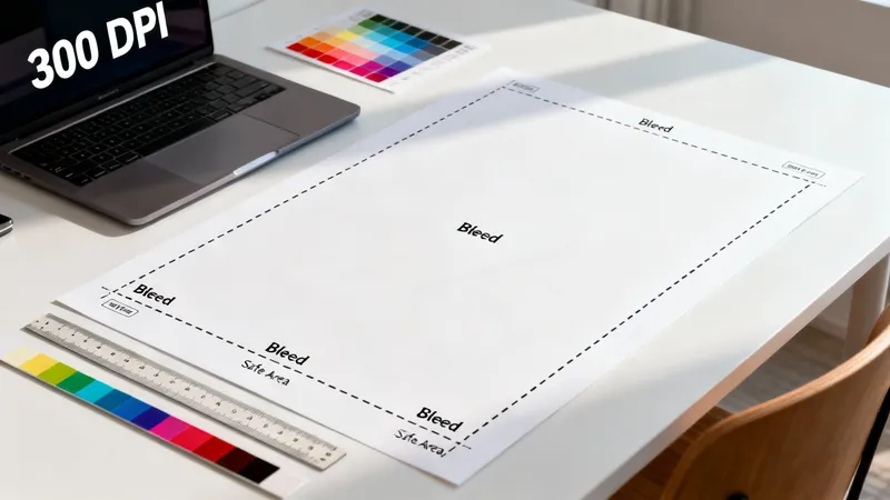 A design workspace featuring an A2 paper with bleed and safe area markings, a laptop showing 300 DPI, color swatches, and a ruler.