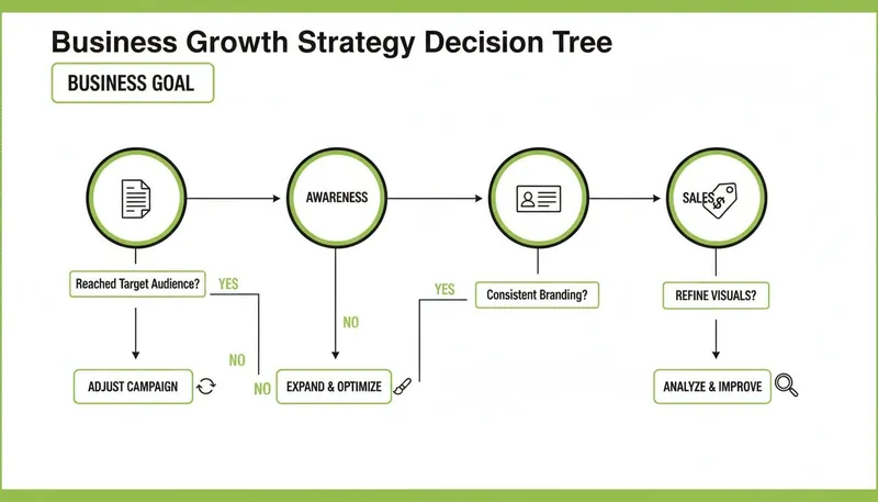Flowchart of a business growth strategy decision tree, detailing steps from goals, awareness, branding, to sales improvement.