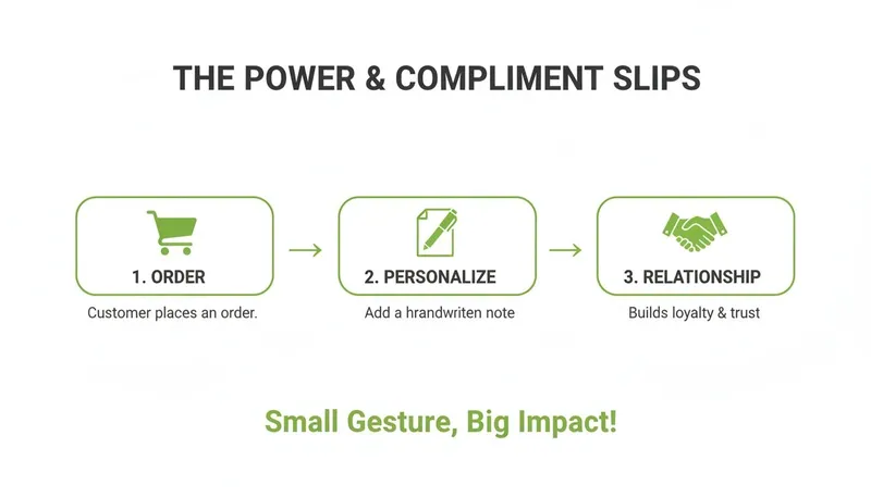 Diagram illustrating the three-step process of using compliment slips to build customer relationships.