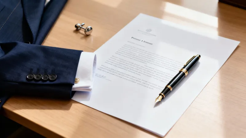 A formal blue suit jacket, white shirt, cufflinks, a signed document, and a fountain pen on a wooden desk.