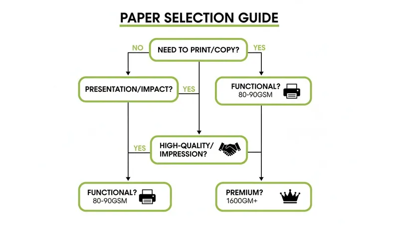 A paper selection guide flowchart illustrating choices for printing, presentation, impact, and quality.