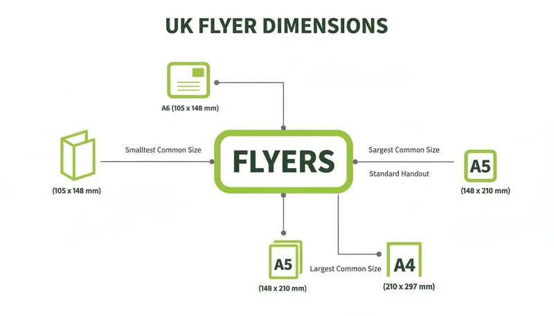 Diagram illustrating UK flyer dimensions, showing A6, A5, and A4 sizes with their measurements and common uses.