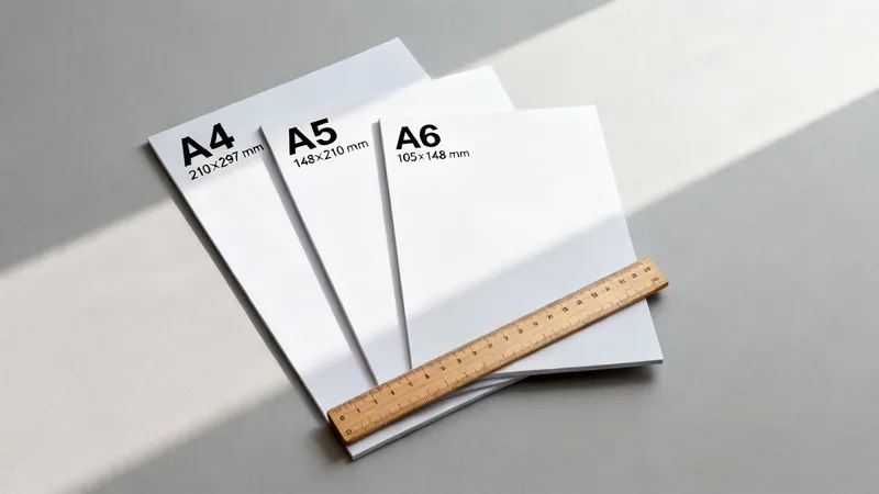 A4, A5, and A6 paper sizes with dimensions in millimeters, shown with a wooden ruler.