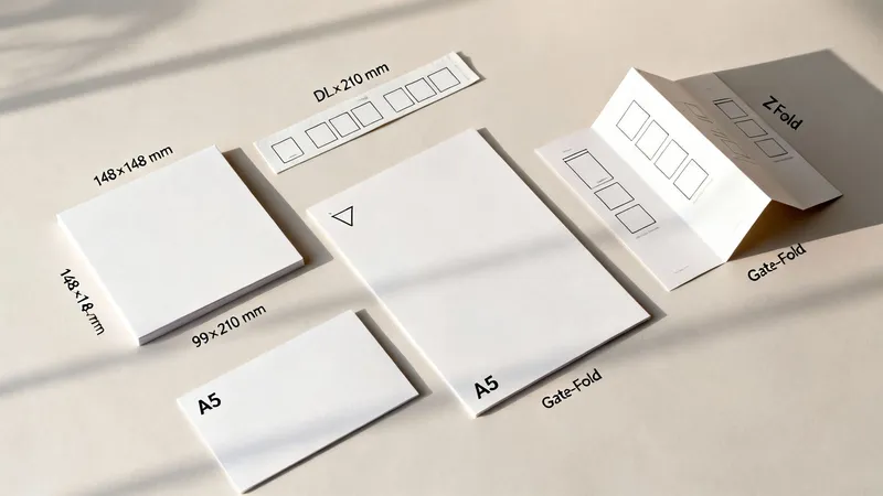 An overhead view of various white paper sizes and folds like A5, DL, Z-Fold, and Gate-Fold.
