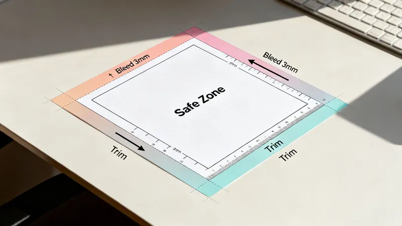 A print template on a desk showing bleed, trim, and safe zone for graphic design purposes.