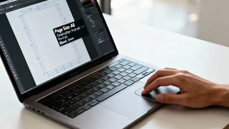 Close-up of a designer's hand on a laptop trackpad, working on an A5 portrait page layout.