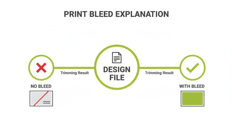 Infographic explaining print bleed, demonstrating correct printing with bleed versus incorrect without bleed.