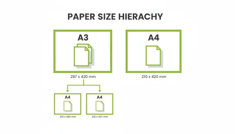 Paper size hierarchy diagram displaying A3 (297x420mm) and A4 (210x420mm, 210x427mm) dimensions.