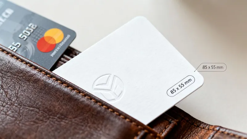 White business card with embossed logo and '85x55mm' text, in a brown leather wallet with a credit card.