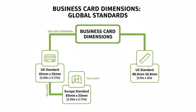 Diagram illustrating global business card dimensions for UK, Europe, and US standards in mm and inches.