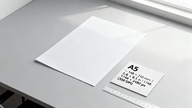 A blank white A5 paper sheet with a size information card and ruler on a grey desk.