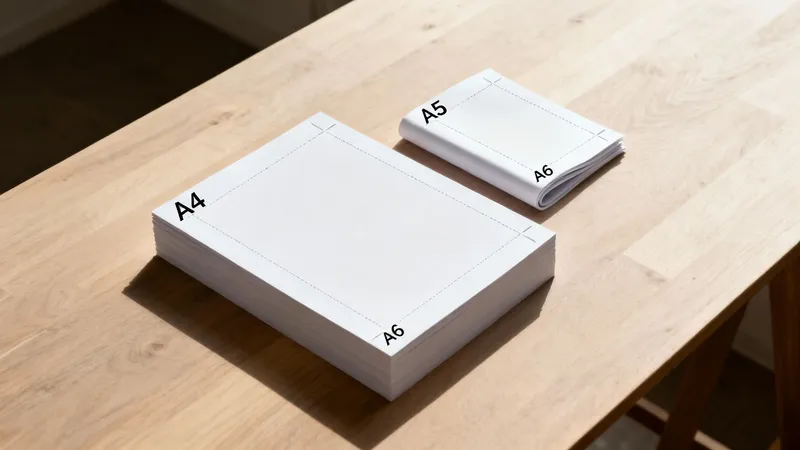 A stack of A4 paper and folded A5/A6 papers on a light wooden table, demonstrating different paper sizes.