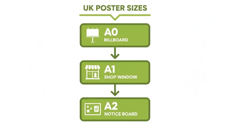 Flowchart detailing UK poster sizes: A0 for billboards, A1 for shop windows, and A2 for notice boards.