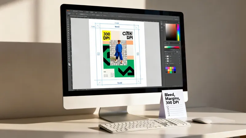 A computer screen displays a graphic design software with a poster layout showing bleed and margin lines. A checklist for print specifications sits next to it.