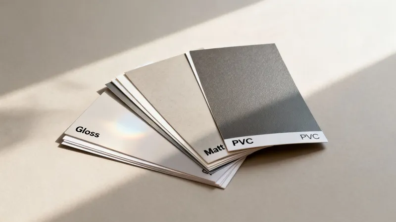 A fan deck with material samples for gloss, matt, and PVC finishes, casting shadows.