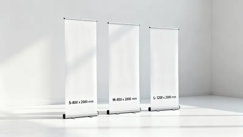 Three white pull-up banners of varying sizes (S, M, L) displayed in a brightly lit room.