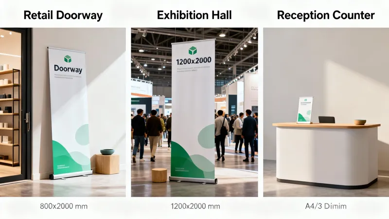 Three examples of pull-up and table-top banners, showing different sizes for retail, exhibition, and reception use.