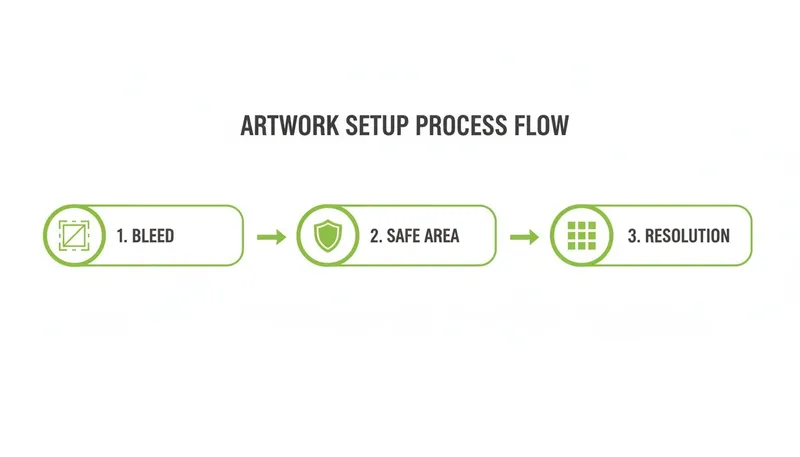A flow chart detailing the artwork setup process, including bleed, safe area, and resolution steps.