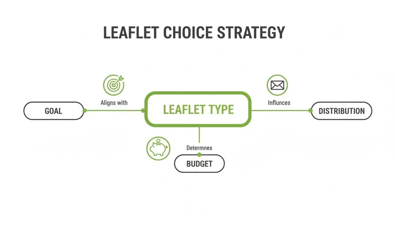 A flowchart detailing a leaflet choice strategy, showing the interconnectedness of goal, leaflet type, budget, and distribution.