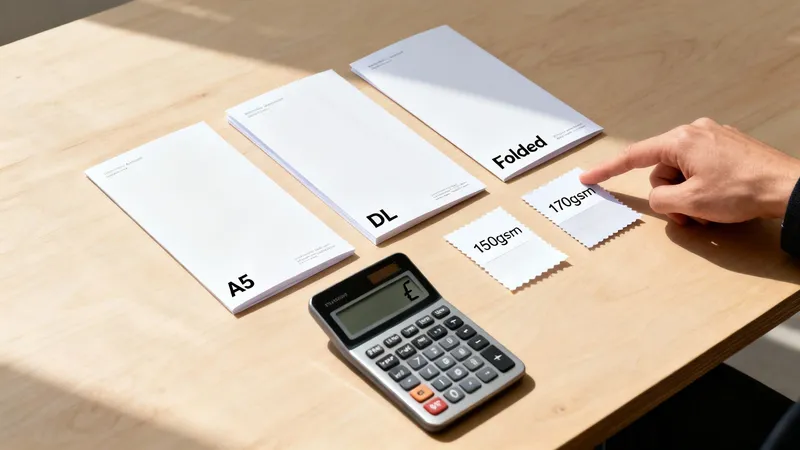 Hand pointing to 170gsm paper sample, with A5, DL, folded leaflets, and calculator on a wooden desk.
