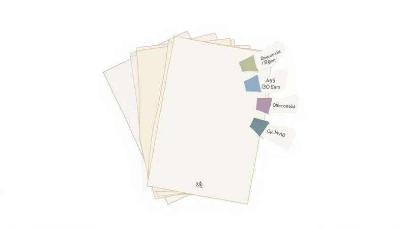 A stack of colorful paper samples with labeled tabs, showcasing different paper types and printing options.