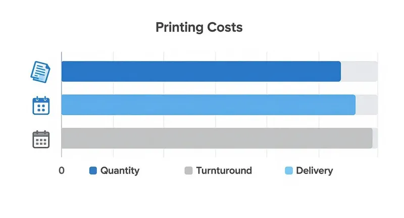 Horizontal bar chart visualizing printing costs, showing components like quantity, delivery, and turnaround, with turnaround as the highest.