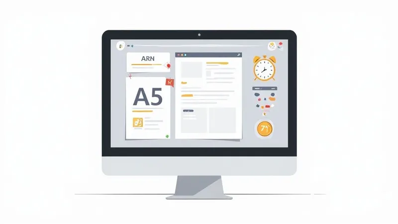 Stylized illustration of a computer monitor displaying documents, 'ARN' and 'A5' text, a clock, and interface elements.