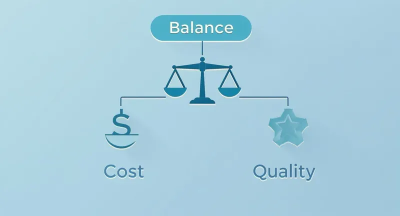 Infographic showing a balanced scale representing the relationship between cost (dollar sign) and quality (star).
