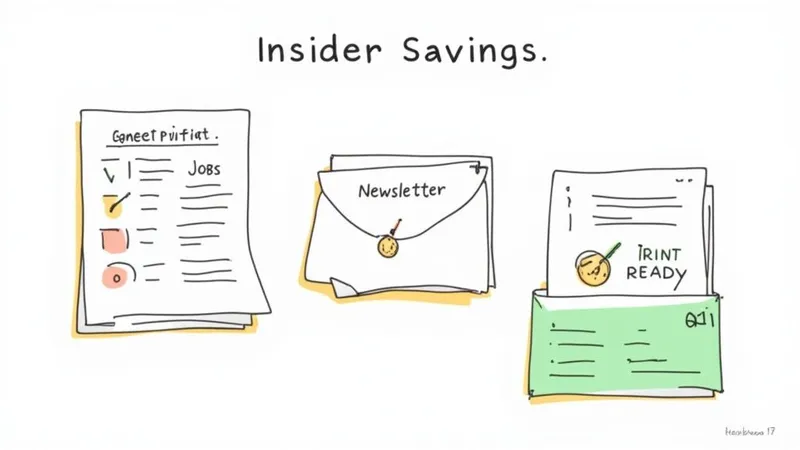 Hand-drawn illustration of documents, including a job checklist, newsletter, and folder, for insider savings.