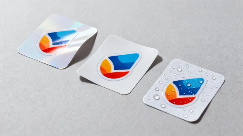 Three custom stickers on a grey background: holographic, matte white, and water-resistant with droplets.