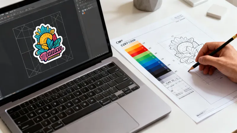 A designer working on a custom sticker design, with a laptop showing the digital art and a hand sketching on paper.