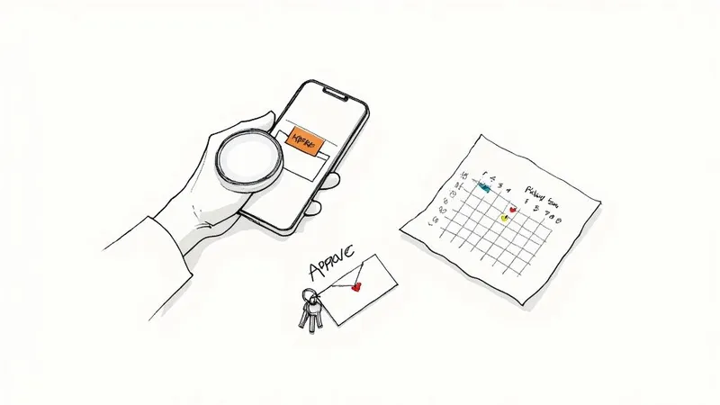 A hand holding a smartphone showing 'Approve', alongside a calendar, envelope, and keys.