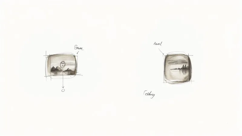 Two hand-drawn, sepia-toned concept sketches showing landscapes, one with a sun-face and mountains, the other with trees.