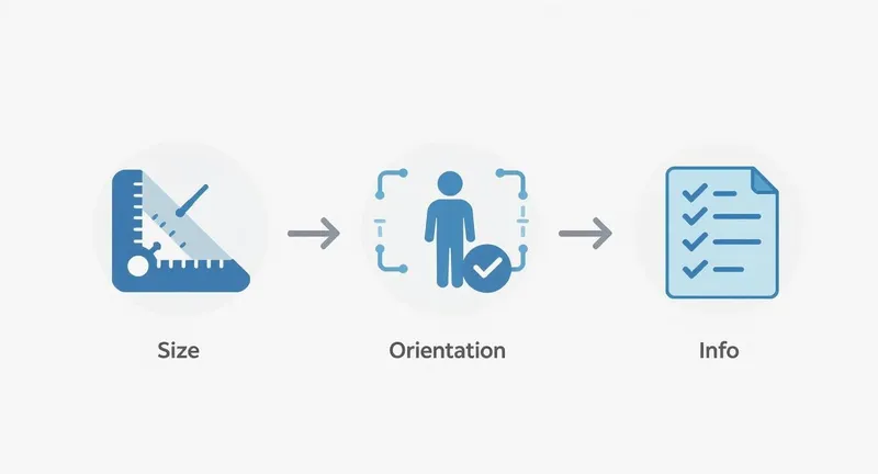 Infographic showing a three-step workflow: size measurement, orientation detection, and information validation with checkmarks.