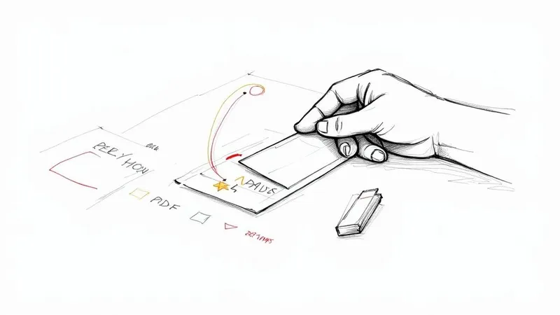 A hand interacts with a sketched digital interface, placing a card to select options like 'APADS', 'PDF', and 'PEE Y HON'.