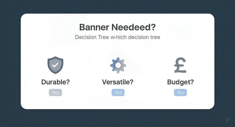 An interactive decision tree asks about banner needs: durability, versatility, and budget preferences with yes buttons.
