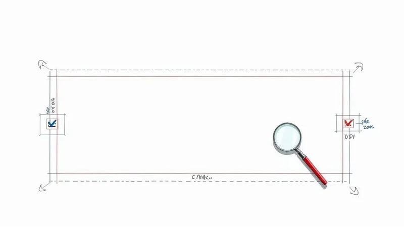 A diagram showing a rectangular layout with red and blue lines, marked zones, checkmarks, and a magnifying glass.