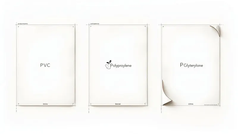 Three white plastic sheet designs labeled PVC, Polypropylene, and P Glyterylone, with curled corners.