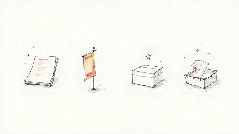 Hand-drawn illustration of a document stack, menu banner, closed box, and an open box with 'TALK' note.