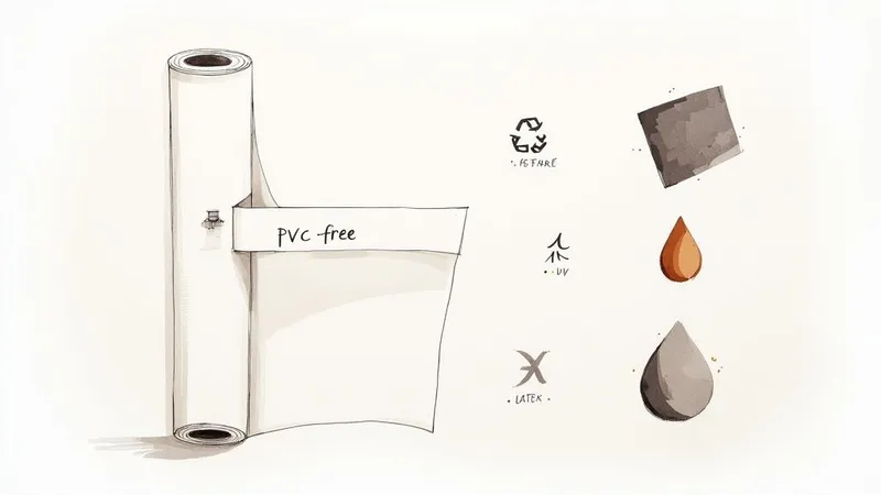 Roll of PVC-free banner material with eco-friendly symbols showing recyclable latex-free UV-resistant properties