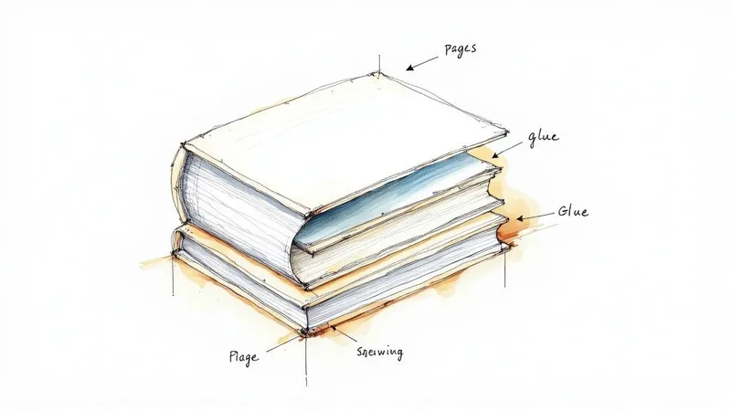 Detailed illustration of stacked perfect bound books showing pages, glue binding, and sewing construction components
