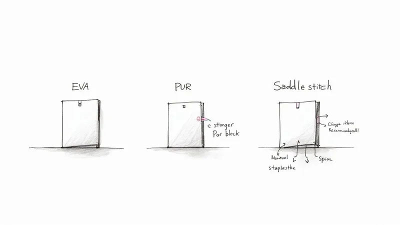 Diagram comparing three book binding methods: EVA, PUR, and saddle stitch construction techniques