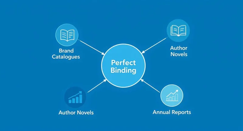 Infographic showing perfect binding applications including brand catalogues, author novels, and annual reports