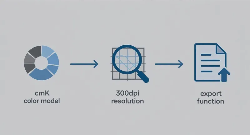 Workflow diagram showing CMYK color model, 300 DPI resolution, and export function for document creation