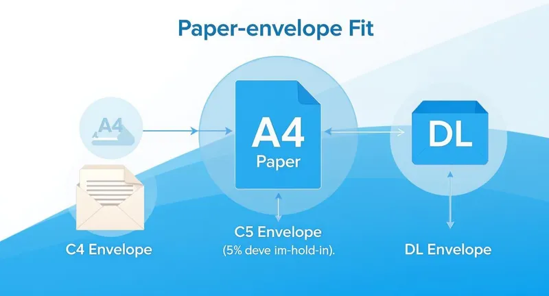 Diagram showing A4 paper fits in C5 envelope, C4 and DL envelopes comparison chart